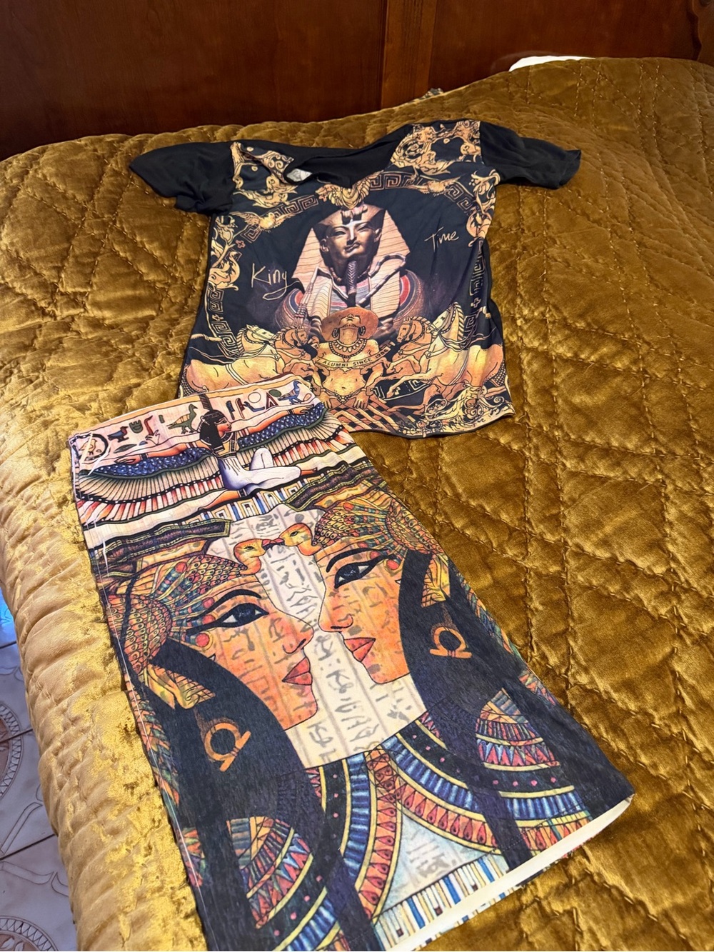 Egyptian Motif Black & Gold V-Neck skirt and top
